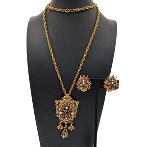 Florenza Rhinestone Jewelry Set Necklace Earrings Purple Rhinestones Blue